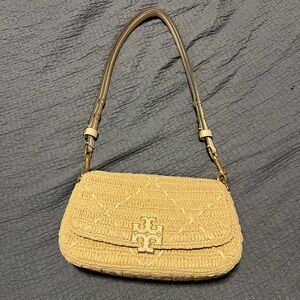 Tory Burch Straw Beige Shoulder Bag with Cream Logo